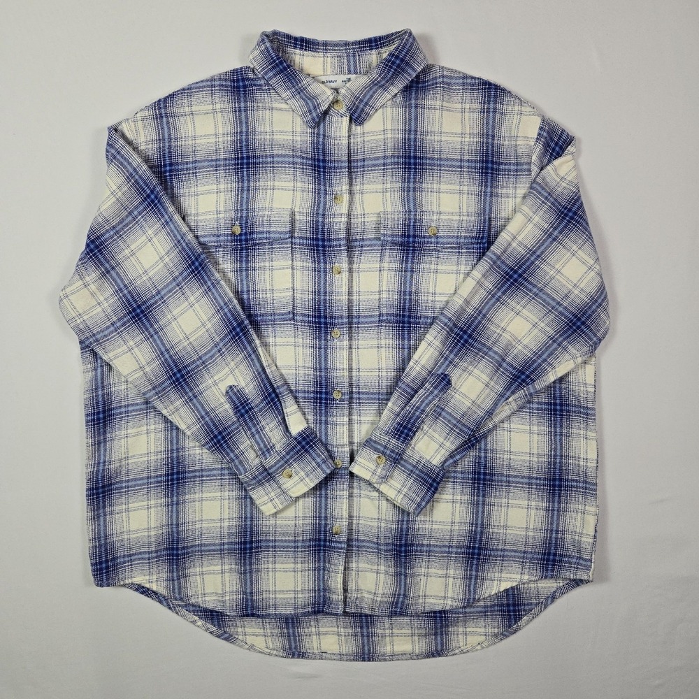 Old Navy The Boyfriend Shirt L Blue White Plaid Cotton Oversized Button Down